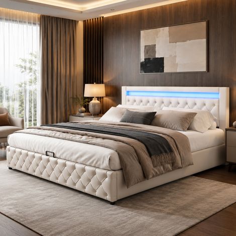 Letto con contenitore PU bianco 180x200 cm con rete a doghe e testiera LED (1/5)
