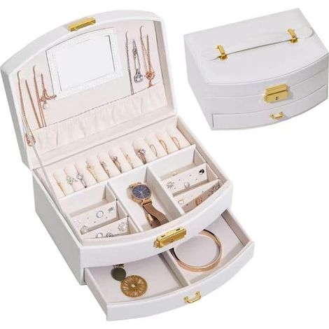 Coffret à bijoux style princesse pour filles, organisateur de bijoux, coffret à bijoux à 2 niveaux pour enfants avec miroir, coffret à bijoux de voyage - porte-bagues, porte-boucles d'oreilles, indisp (1/4)