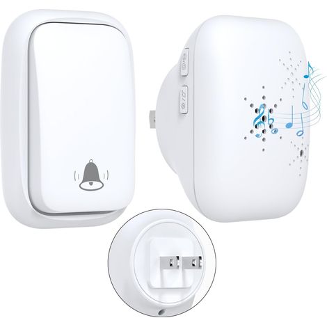 Sonnette sans fil auto-alimentée avec prise américaine, sans pile, portée de 100 m, 38 mélodies, bouton de sonnette extérieur, sonnette sans fil étanche pour maison, école, bureau (blanc américain 1V1 (1/5)