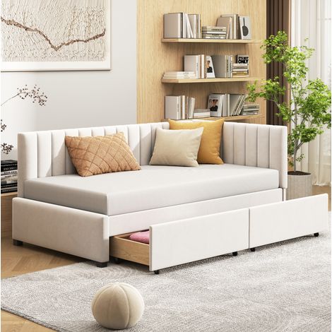 Lit banquette rembourré en tissu velours beige 90x200 cm avec 2 grands tiroirs et sommier à lattes (1/5)