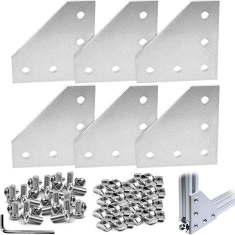 6 pcs Plaques de Connexion Supports D'angle en Forme de L, 5-Trou L Jonction Aluminium Rail Profile, avec 30 Ecrous M6 + 30 Vis M6 + 1 Hexagonale M4 Clé, pour Profilés en 3030 Aluminium (1/5)