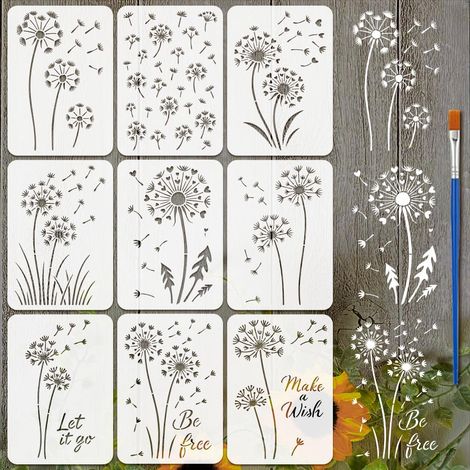 9 Styles Pochoirs à Motifs de Pissenlit Avec Un Pinceau 29.7x21cm Pochoir Peinture Pissenlit Forme de Cœur Texte Let It Go Pochoirs Dessin Thèmes Plantes Pet Modèle pour Décor Maison (1/5)