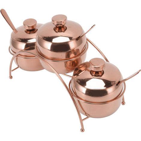 Gewürzset aus Edelstahl für Salz, Pfeffer und Zucker mit Deckel, Löffel und Flaschenhalter zur Aufbewahrung in der Küche, roségoldfarben (1/5)