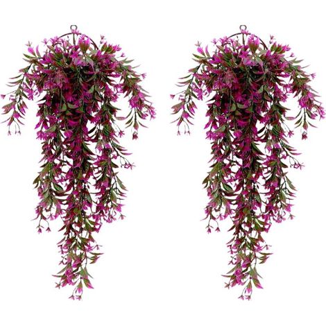 Lot de 2 plantes artificielles suspendues - 78 cm - Fleurs violettes - 5 branches avec design en rotin - Décoration pour l'intérieur et l'extérieur - Décoration murale pour jardin, mariage (1/5)