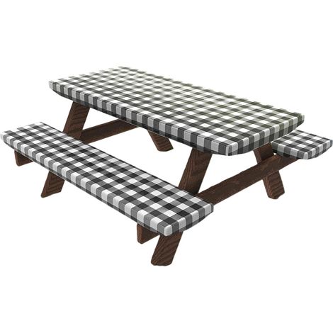 Nappe de pique-nique rectangulaire à carreaux en 3 pièces avec housses de banc, envers en flanelle (30" x 72", noir et blanc) (1/5)