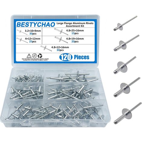 Rivets à bride, lot de 120 pièces de rivets aveugles en aluminium à grande bride de 5 tailles (Argent) (1/5)
