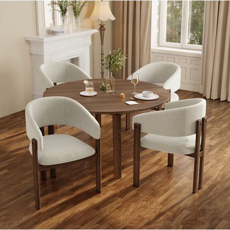 Lote de 4 sillas de comedor con brazos en metal efecto madera nogal y tela de lino beige (1/5)