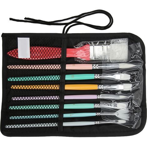 Ensemble de 8 pinceaux en nylon avec sac en tissu, seau en plastique, pinceau aquarelle en forme d'éventail et pinceau pour planche à peindre. (1/5)