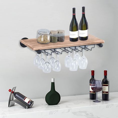 Weinregal mit Glashalter Holz Weinflaschenhalter Wandmontage Weinhalter Weinregale 24 Zoll Flaschenregal Retro Weinglashalter Hängend Wand Bar für Küche Esszimmer (1/5)