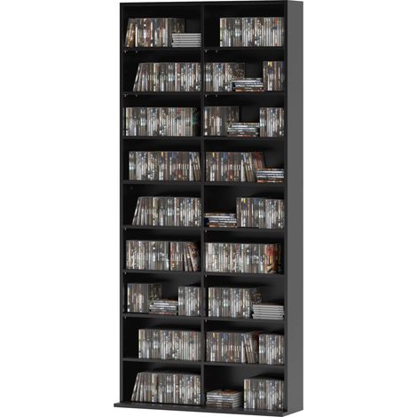 Meuble rangement CD/DVD 18 compartiments 640 CD/360 DVD/430 Blu-ray noir 78,5x24x175 cm
