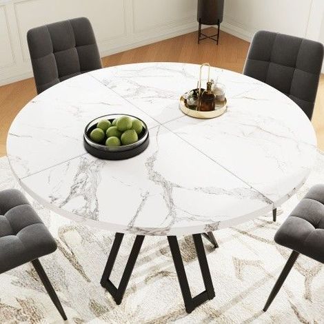 Table à manger ronde 100 cm effet marbre avec pieds métal noir, table cuisine moderne pour 4 à 6 personnes, salon et salle à manger (1/5)