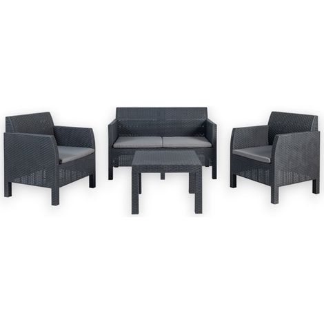 Salotto 4 posti da esterno giardino divano e due poltrone con tavolino in resina effetto rattan con cuscini Matilde -  Bianco (1/4)