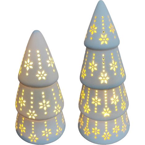 (Groß + Klein, in Luftpolsterfolie verpackt) 2-teiliger Keramik-Weihnachtsbaum mit ausgeschnittenem Design, dekoratives Nachtlicht, Keramikhandwerk, europäischer Stil (Groß + Klein) (1/2)