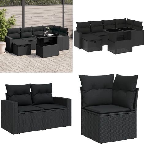 Salon de jardin 7 pcs avec coussins noir résine tressée - Ensemble Salon De Jardin - Mobilier De Jardin - Table Extensible - Chaise Lounge - Fauteuil Extérieur - Home & Living (1/5)