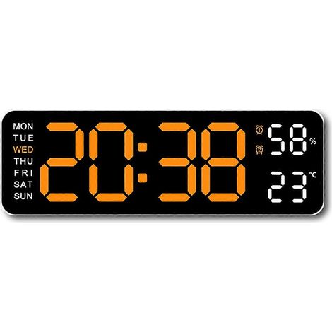 Grande horloge murale numérique avec affichage de la température et de l'humidité, semaine, réveil électronique LED 12/24 h, orange (1/4)