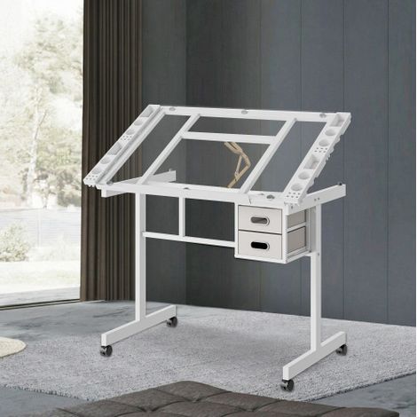 Mesa de dibujo regulable, tablero inclinable 0-70°, 2 cajones, 4 ruedas, MDF y metal blanco para taller (1/5)