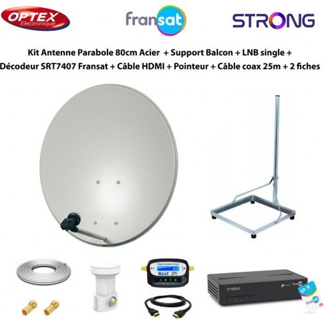 Kit Parabole 80cm Acier + Support Balcon + LNB Single + Décodeur SRT7407 Fransat + Câble HDMI + Pointeur + Câble Coax 25m + 2 fiches (1/5)