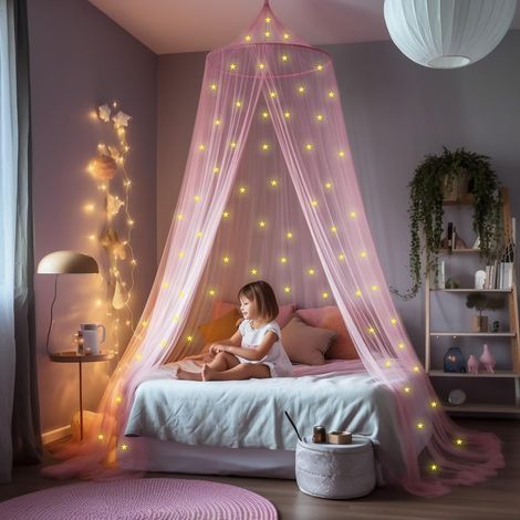 Rose Lit à baldaquin pour filles avec pré-collés luisant dans les étoiles sombres - Décor de chambre en moustiquaire Princesse