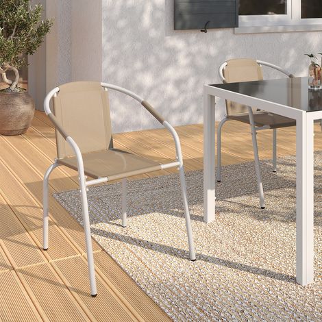 Lote de 4 sillas de jardín apilables de metal y textileno THELMA, blanco y beige (1/5)