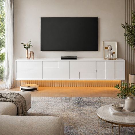 Meuble TV 170cm avec 3 portes et 2 tiroirs, style scandinave, suspendu Armoire TV, façades sans poignée, blanc brillant (1/5)