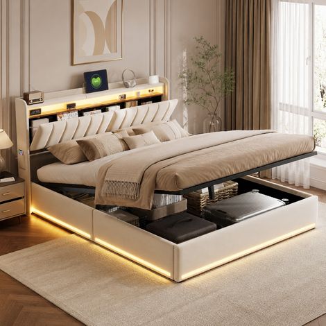 Lit Coffre 140x190 avec LED et USB, Lit Double adulte avec Rangement et Tete de Lits, Sommier à Lattes, Cadre de Lits, Velours, Beige (1/5)