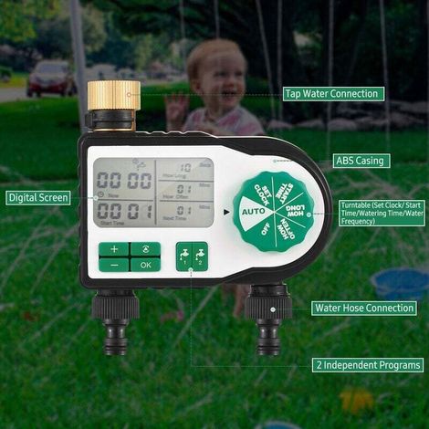 VURAHOME – Digitaler automatischer Bewässerungscomputer mit 2 Schlauchanschlüssen, programmierbarer Gartenbewässerungscomputer, Bewässerungshahn, intelligenter Bewässerungscontroller für Rasen und Bod