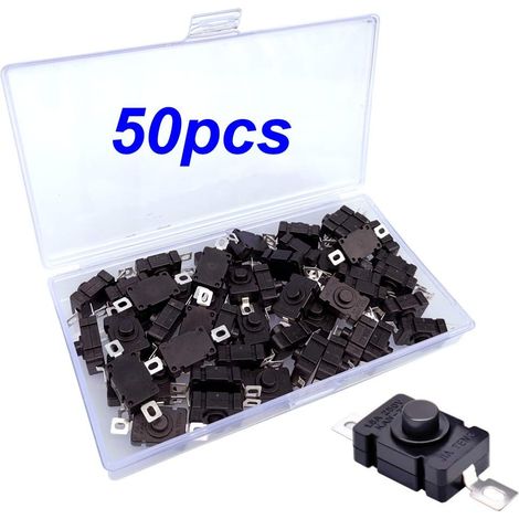 50Pcs Interrupteur à Bouton Poussoir Autobloquant KAN-28 pour Lampe de Poche SMD Type Mini Interrupteur Marche-arrêt (Broche Plate avec Trou) (1/4)
