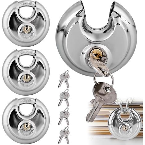 Lot de 4 cadenas ronds de 70 mm avec 8 clés - Cadenas rond avec manille en acier inoxydable - Serrure à disque ronde - Résistant aux intempéries - Serrure de sécurité (1/5)