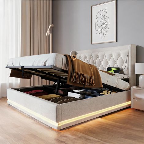 Cadre de lit beige en coton 210 x 190 x 101 cm (1/5)