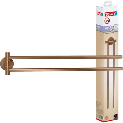 tesa® MOON Handtuchhalter 2-armig in gebürsteter Bronze - selbstklebende Handtuchstange aus PVD-beschichtetem Metall - ohne Bohren, inkl. Klebelösung - 84 mm x 50 mm x 456 mm (1/5)