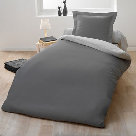 Parure de couette bicolore coton 57 fils 140x200 cm - Gris (1/2)