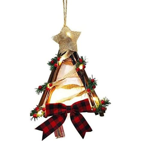 1 Couronne de Noël, décoration triangulaire LED, tissu à carreaux et lin, pour porte d'entrée, mur, fenêtre (1/5)