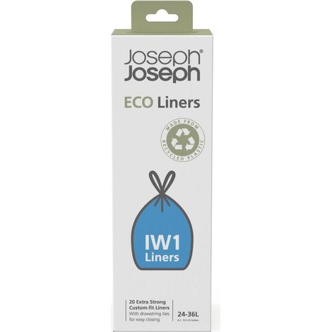 Joseph Joseph IW1 - Sacchetti Imondizia Ecologici in Plastica Riciclata, Sacchetti per Rifiuti da Cucina con Manici a Coulisse, Extra Resistenti - Confezione da 20, 24-36 Litri, Grigio (1/3)