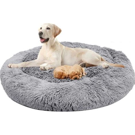 Lit Moelleux Rond Pour Chat Et Chien Extra Large Lavable Avec Coussin Corbeille et panier pour chien 100x100cm Gris clair