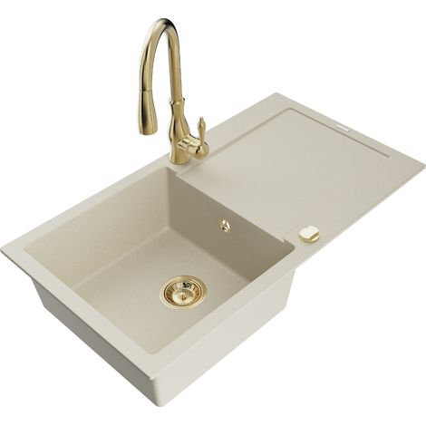 Mexen Leo évier en granit 1 bac avec égouttoir et robinet de cuisine Savita, beige - 6501-69-672601-50 (1/5)