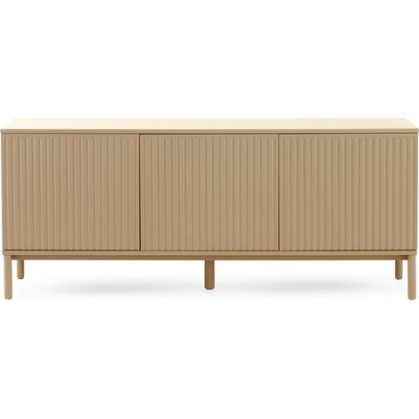 Buffet en MDF couleur beige sable, portes et côtés rainurés, pieds en bois massif (1/5)