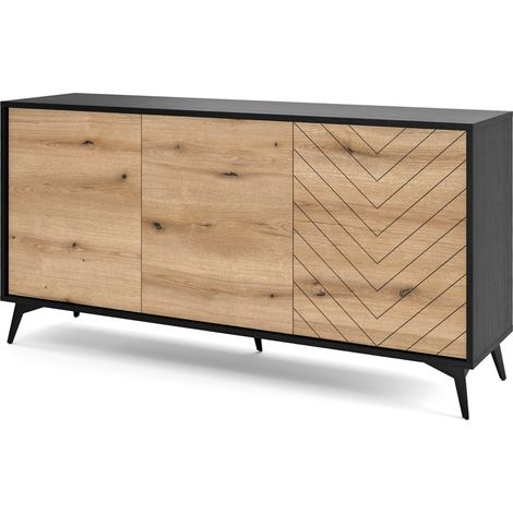 Selsey BOULIA - Sideboard 3-türig, Schwarz mit Fischgrätfronten in Eiche, 154 cm (1/5)