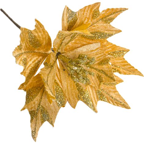 Branche décorative artificielle feuille jaune métallisée, simulation feuille de Noël en tissu et métal (1/2)
