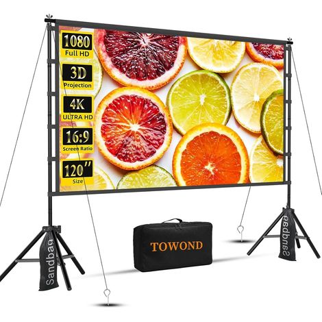 Écran de projection 120 pouces avec support, pliable, portable, 16:9 HD, écran de projection extérieur pour home cinéma et jardin, projection avant et arrière, en polyester anti-rides lavable (1/5)
