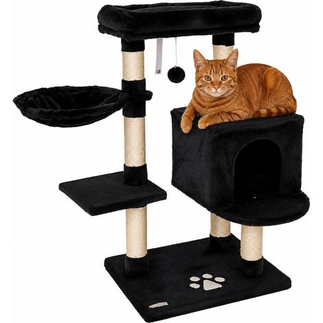 lionto Kratzbaum 93 cm mit Höhle, Liegemulde, Spielball & Sisalstämmen, kompakter Katzenbaum, schwarz (1/5)