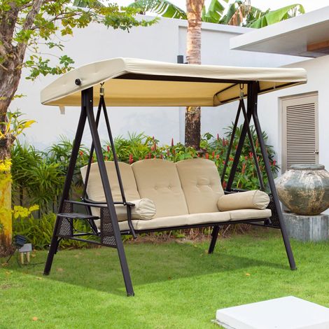 Columpio Hollywood de 3 plazas Outsunny con toldo, color beige y marrón, 121 × 208 × 172 cm. (1/5)