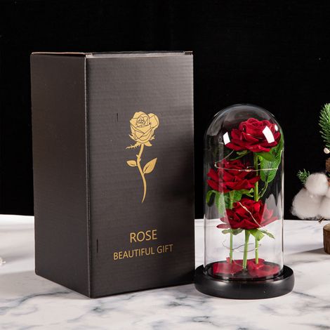 Ornement de rose sous cloche en verre avec bande LED, bénédiction romantique, fleurs artificielles pour petite amie (1/5)