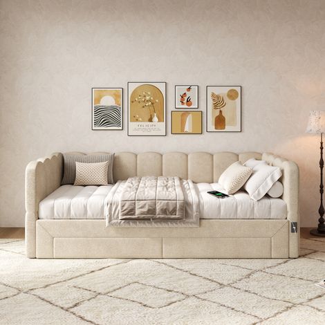Canapé-lit méridienne capitonnée, 90x190 cm extensible à 180 cm, avec 2 tiroirs de rangement, port USB, tissu chenille beige, sommier intégré (1/5)