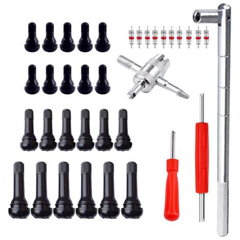 Kit d'extraction et d'installation de tige de valve de pneu – 10 pièces TR412, 6 pièces TR413, 6 pièces TR414 tige de valve de pneu encliquetable avec noyaux de valve, outil d'installation pour enleve
