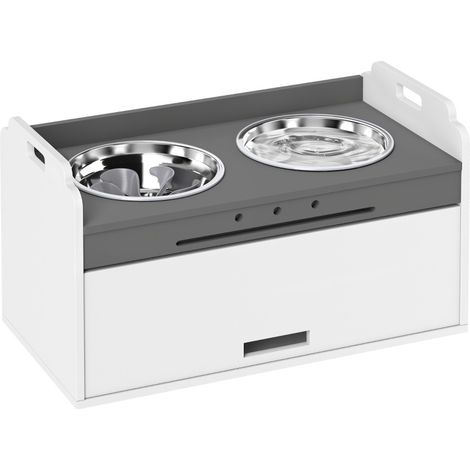 Comedero elevado para perros con mueble, 2 cuencos de acero inoxidable, blanco (1/5)