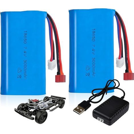 Lot de 2 batteries Li-ion 7,4 V 3000 mAh rechargeables avec 1 chargeur USB Li Ion Power Batterie de rechange pour véhicules RC, bateaux, chars, voitures, bateaux, robots, voitures Stunt Car (1/5)