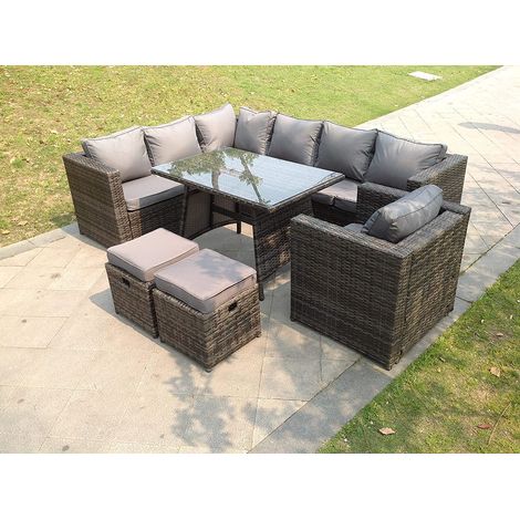 Fimous 9 Seater Grey Rattan Corner Sofa Set Dining Table Chair Foot Rest Garden Furniture Outdoor (1/3)