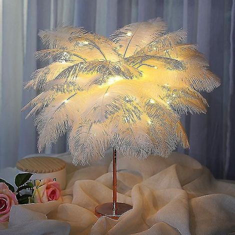 Lampe de table créative à plumes DIY, lumière blanc chaud, abat-jour en plumes d'arbre, lampe LED décorative pour mariage ou fille (1/4)