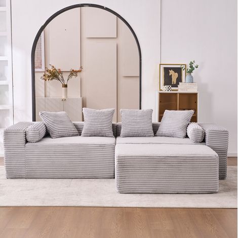 Canapé d'angle modulable 266x110x60 cm en tissu gris, gain de place pour salon FloraGrace (1/5)