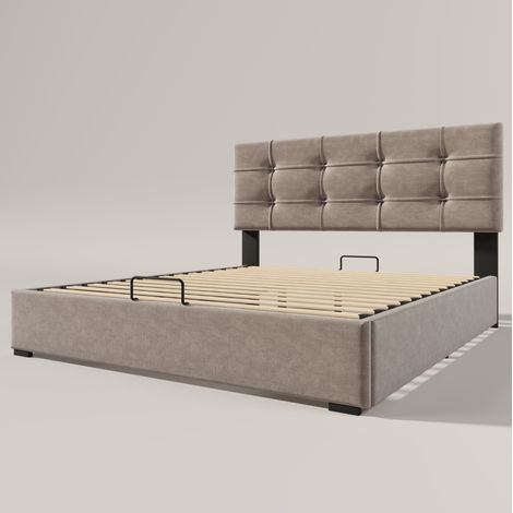 Cama canapé hidráulica 140x200 cm de terciopelo gris claro con cabecero ajustable (1/5)